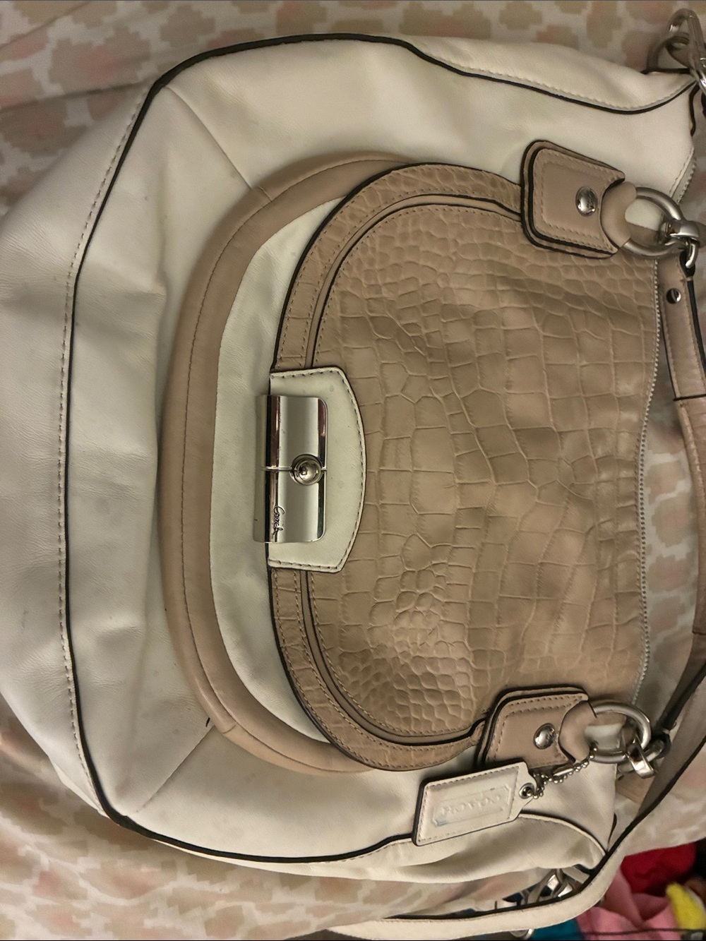 Coach Two-Tone Cream and Beige Croc-Embossed Shoulder Bag
